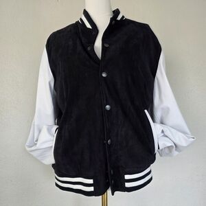 Vintage Italian Vera Pelle Leather Suede Varsity Bomber Jacket Navy Unisex M